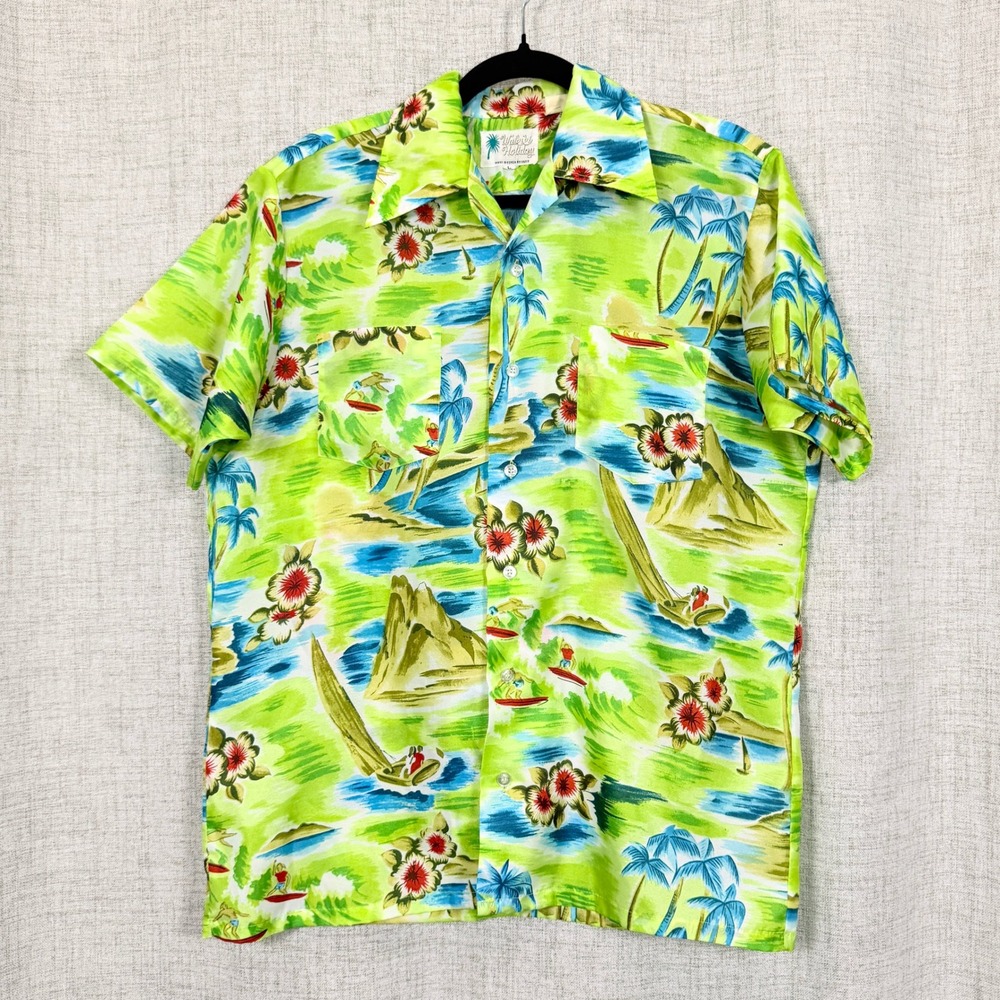Waikiki Holiday Vintage Hawaiian Shirt Sz L Green Surfer Aloha Camp 70s Tropical